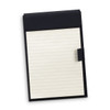 A black notepad holder featuring lined pages, styled for office use. It includes a closure and is sleek in design.