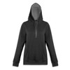 A black unisex hoodie featuring a contrasting grey lining in the hood and a front pocket, with a logo present.