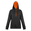 A black unisex hoodie with an orange hood lining and drawstrings, featuring a front pocket and a logo.