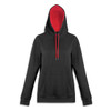 A unisex hoodie in black with a red-lined hood and red drawstrings, featuring a front pocket and a logo.