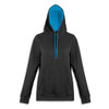 A black unisex hoodie featuring a blue interior hood and drawstrings, with a front pocket and a logo.