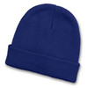 A blue knitted beanie with a folded cuff and a plain design, featuring a logo on one side.