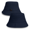 A navy blue bucket hat with a branded logo, featuring a wide brim and a simple design.