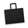 A large flat paper bag in black with a landscape orientation and a flat handle, featuring a logo.