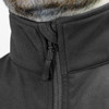 A close-up of a black soft shell jacket featuring a high collar and zip closure, with branding visible.