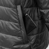A black puffer jacket with a smartphone tucked into a side pocket. The jacket features a zippered pocket.