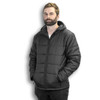 A puffer jacket in black, featuring a hood, front zip, and side pockets, worn by a model with a beard.
