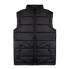A black puffer vest with a high collar and front zip, featuring two side pockets and a logo.