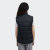 A back view of a women's puffer vest in dark grey, featuring a simple design and a logo.