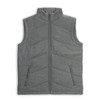 A grey puffer vest featuring a zip closure and side pockets. The vest has a chevron quilted pattern and a high collar.