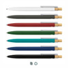 A selection of metal pens in white, black, green, blue, red, and teal, featuring wooden accents and a logo.
