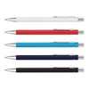 A selection of metal pens in white, red, turquoise, navy, and black, featuring a silver clip and accents.