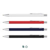 A collection of four metal pens in white, red, navy, and black, featuring silver clips and a branding logo.