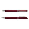 A metal pen in a deep burgundy colour with silver accents and a sleek design, featuring a logo.
