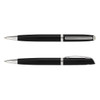 A black metal pen with silver accents, featuring a sleek design and a clip on one side.