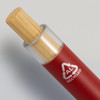 A metal pen with a red body and bamboo detailing, featuring a logo on the barrel.