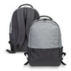 A grey and black backpack featuring a zippered closure and adjustable straps, with a logo on one side.