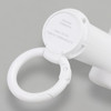 A white personal cooling fan with a carabiner clip and a circular base. It features a branding logo on the side.