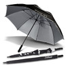 A black and grey double canopy umbrella with a sleek design and a logo. It is shown both open and folded.