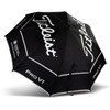 A black double canopy umbrella featuring a logo, with a sleek design and contrasting white accents.