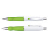 A metal pen with a white barrel and green rubber grip, featuring silver accents and a clip.