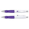 A metal pen with a white barrel and purple accents, featuring a clip and rubber grip. It has a logo on the barrel.