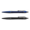 Two metal pens are displayed: one with a blue finish and chrome accents, and the other in a matte black finish with chrome details.