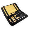 A BBQ set featuring wooden-handled tools, including a spatula, tongs, and knife, presented in a black case with a wooden board.