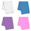 A set of four towels in white, blue, purple, and pink, each folded in a triangular shape. Each towel has a textured surface and features a logo.