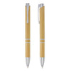 A set of two bamboo pens with silver accents and a sleek design, featuring branding on the barrel.