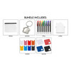 A drink bottle, house-shaped keyring, colourful pens, a house-shaped stress toy, and various coloured coasters in a bundle.
