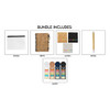 A white zip pouch, cork notebook, coloured sticky notes, a gold pen, and colourful sticky flags are included in the eco-friendly bundle.