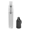 A transparent spray bottle with a black cap and keyring attachment, designed for easy portability.