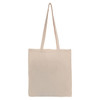 A plain beige tote bag with long handles and a simple design, featuring a branding logo.