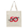 A cream tote bag with two handles, featuring a logo and text design in red and black.