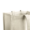 A beige tote bag made of canvas with sturdy handles and a textured finish, featuring a logo.