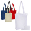 A set of foldable calico tote bags in red, blue, black, and white, with a small matching pouch included.
