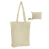 A foldable calico tote bag in a light beige colour, with a small matching pouch for storage.