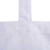A close-up of a white foldable calico bag, highlighting stitching and strap details. The bag features a logo.