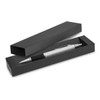 A sleek black wedge gift box containing a silver pen with a black grip. The box is open, showcasing the pen inside.