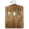 A wooden cheeseboard with three metal knives featuring wooden handles. The set has a rustic finish.