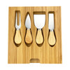 A bamboo cheeseboard with four stainless steel cheese knives featuring wooden handles.