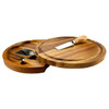 A round wooden cheeseboard with a knife set, featuring a detachable section for storage, in warm wood tones.