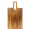 A wooden cheeseboard with a handle, featuring a smooth, natural finish and rich grain patterns.