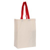 A calico trade show bag in natural colour with red handles. It has a logo on one side.