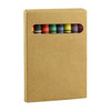 A pack of crayons arranged in a row, enclosed in a brown cardboard cover with a cut-out window.