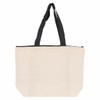 A cream tote bag with black handles and a zip closure. It features a logo on the front.
