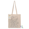 A calico tote bag featuring a music-themed outline design, accompanied by crayons and a colouring card.