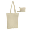 A beige foldable calico tote bag with long handles, accompanied by a small, compact storage pouch.