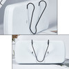 A white car sun visor tissue box with a black elastic holder on the back for attachment. Includes a branding logo.
